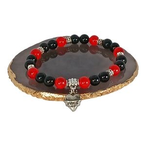 Red Jade & Black Onyx Bracelet with Vintage Heart Charm Grunge 1990s Cottagegoth